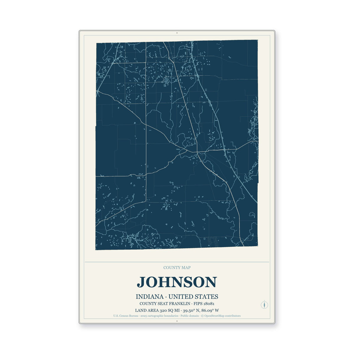 Johnson County, Indiana Map Aluminum Sign in Coastal Cutout style