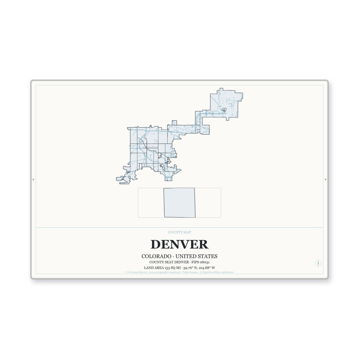 Denver County, Colorado Map Aluminum Sign in Gallery Air style