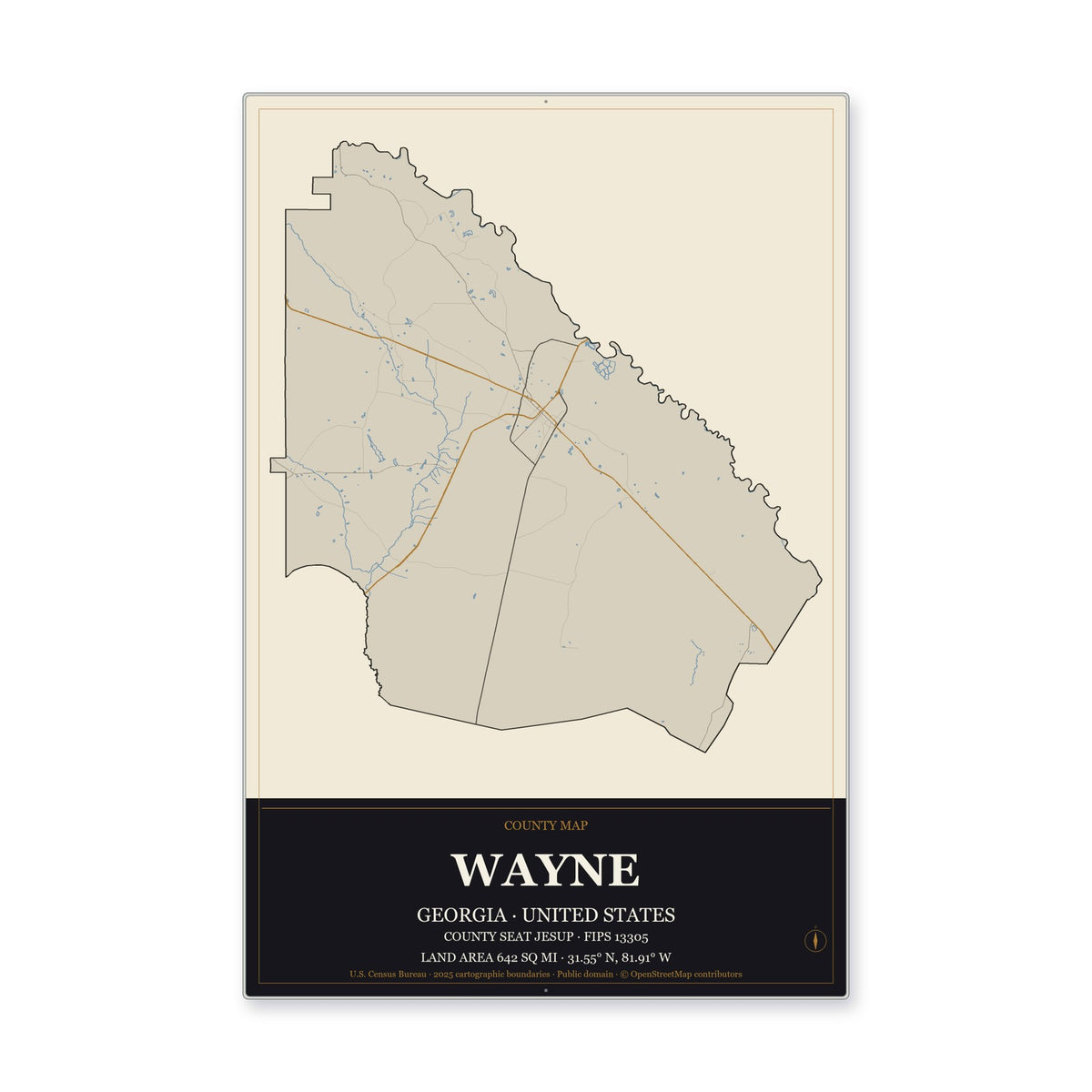 Wayne County, Georgia Map Aluminum Sign in Museum Plaque style