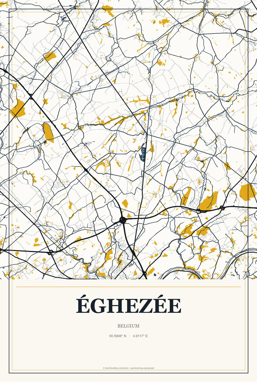 Éghezée, Belgium City Map Aluminum Sign in Citrine Modern style