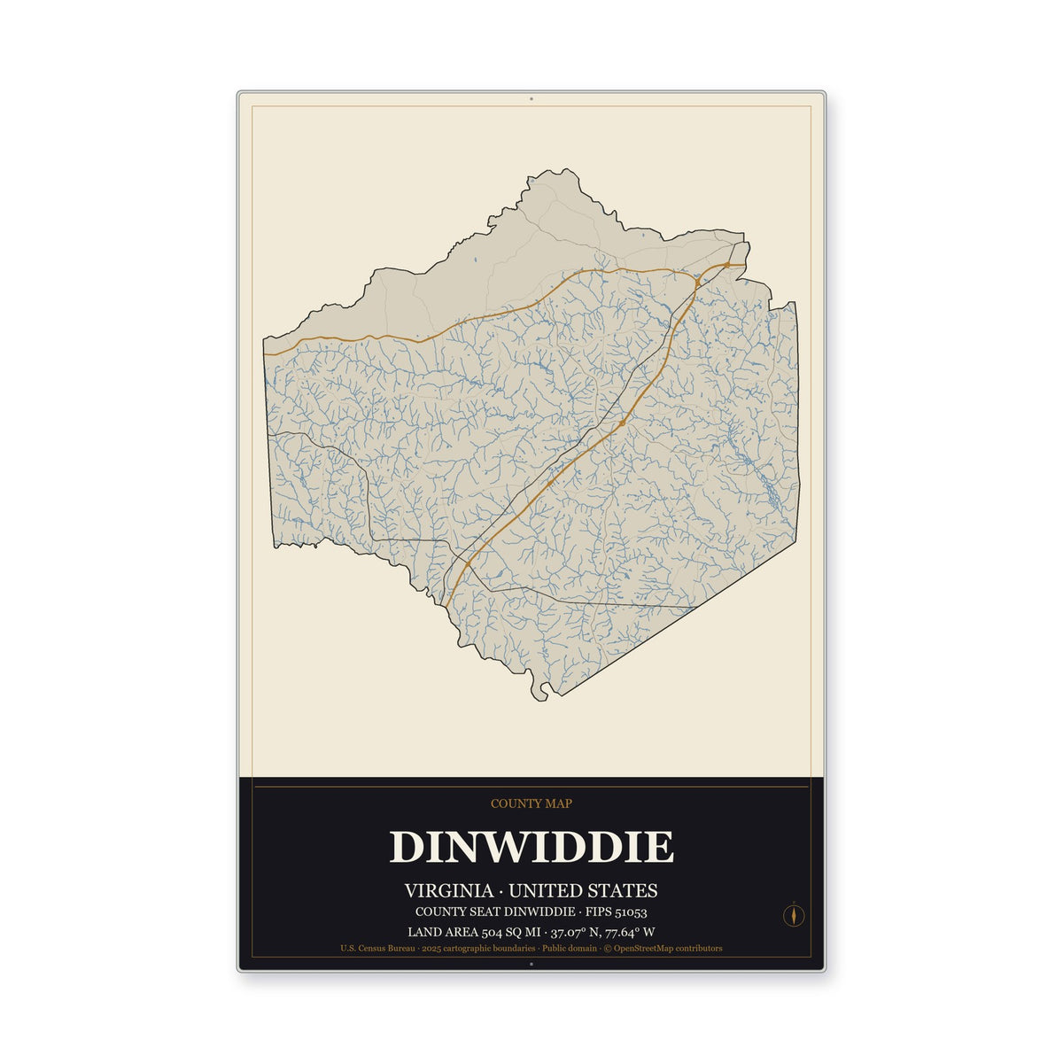 Dinwiddie County, Virginia Map Aluminum Sign in Museum Plaque style