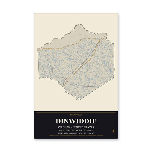 Dinwiddie County, Virginia Map Aluminum Sign in Museum Plaque style