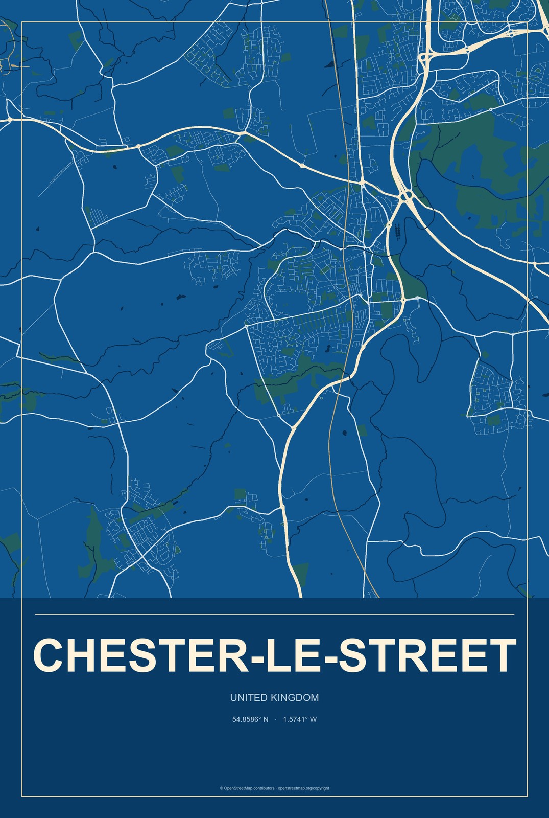 Chester-le-Street, United Kingdom City Map Aluminum Sign in Harbor Cobalt style