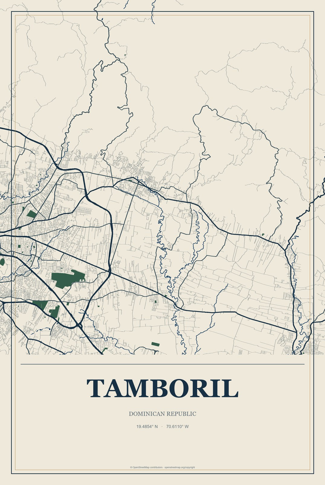 Tamboril, Dominican Republic City Map Aluminum Sign in Coastal Cutout style