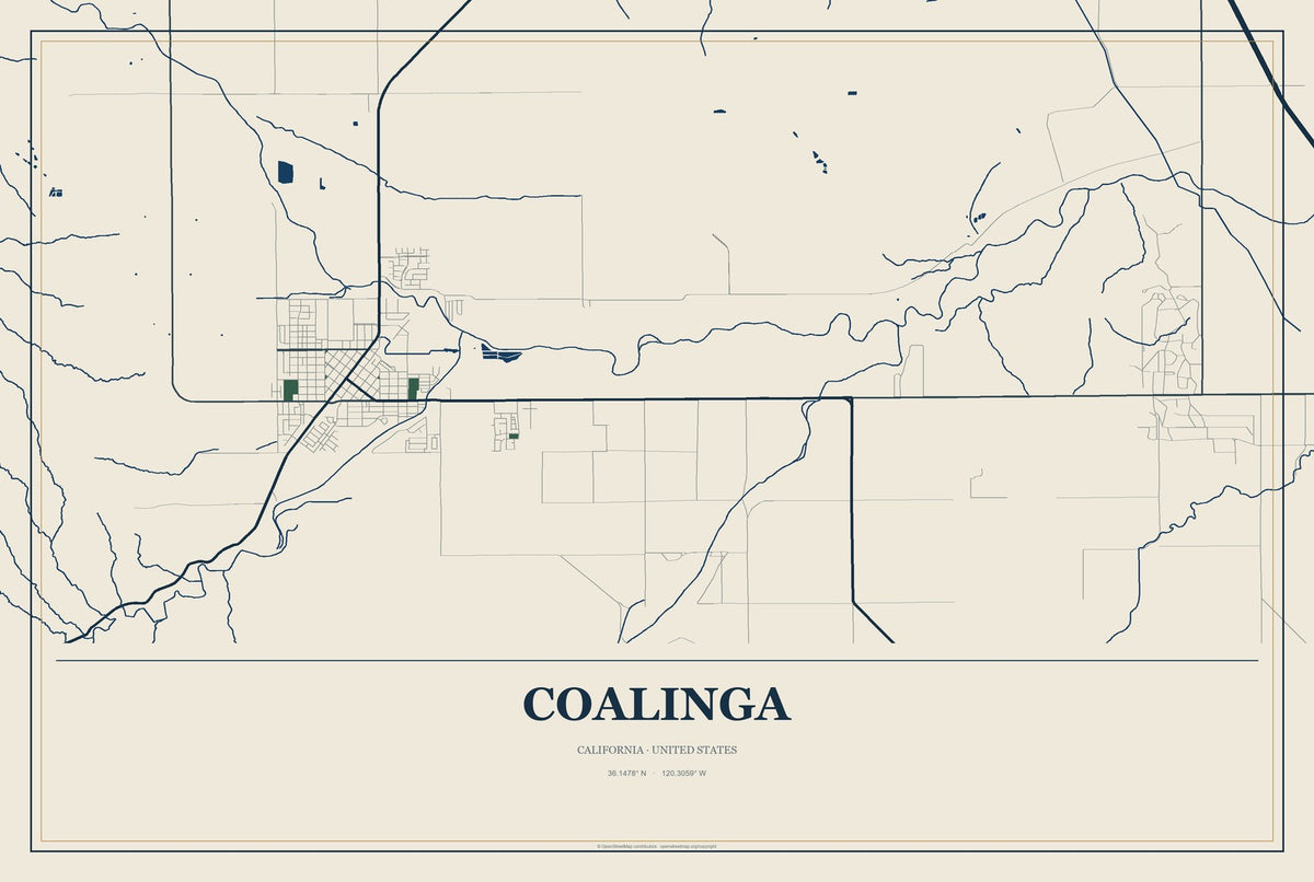 Coalinga, California City Map Aluminum Sign in Coastal Cutout style