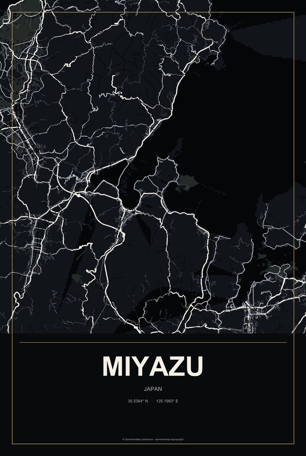 Miyazu, Japan City Map Aluminum Sign in Metropolitan Noir style