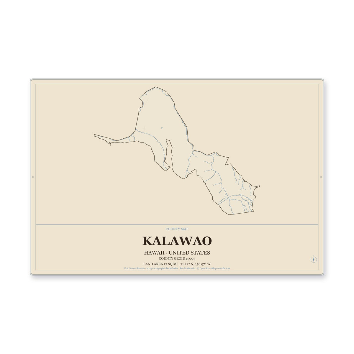 Kalawao County, Hawaii Map Aluminum Sign in Heritage Nautical style