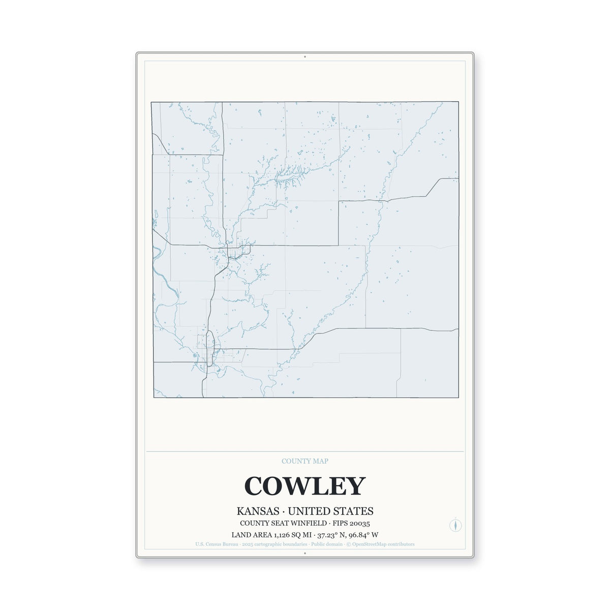 Cowley County, Kansas Map Aluminum Sign in Gallery Air style