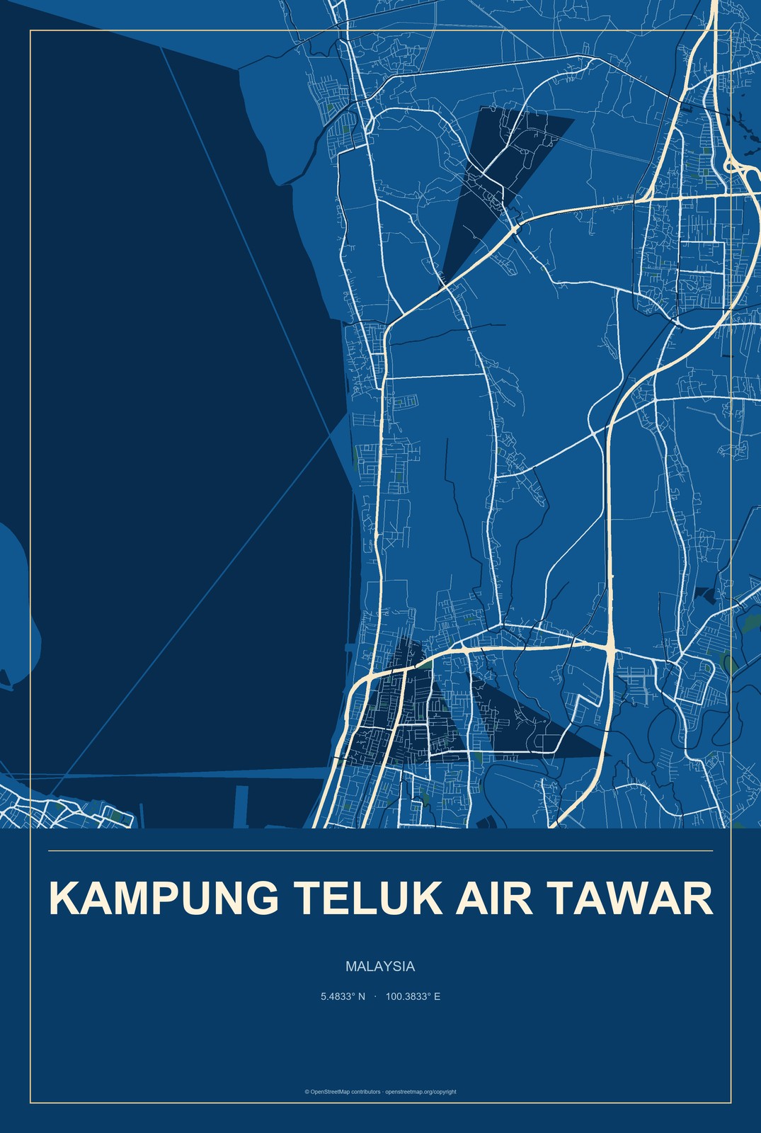 Kampung Teluk Air Tawar, Malaysia City Map Aluminum Sign in Harbor Cobalt style