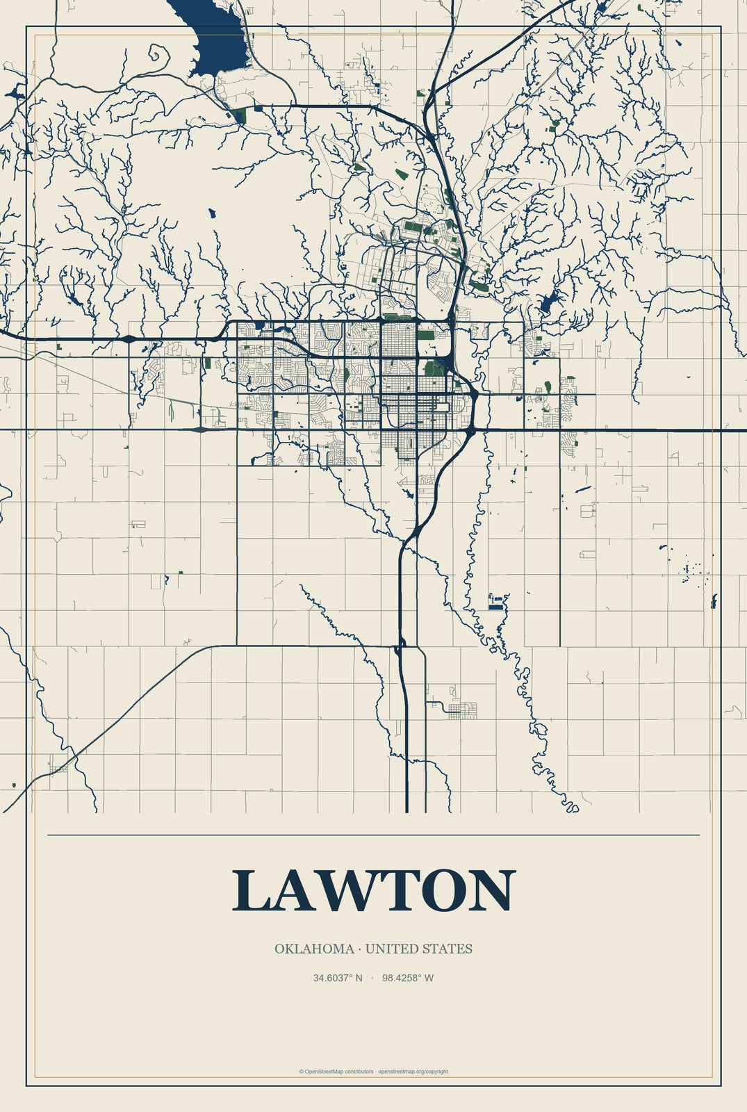 Lawton, Oklahoma City Map Aluminum Sign in Coastal Cutout style