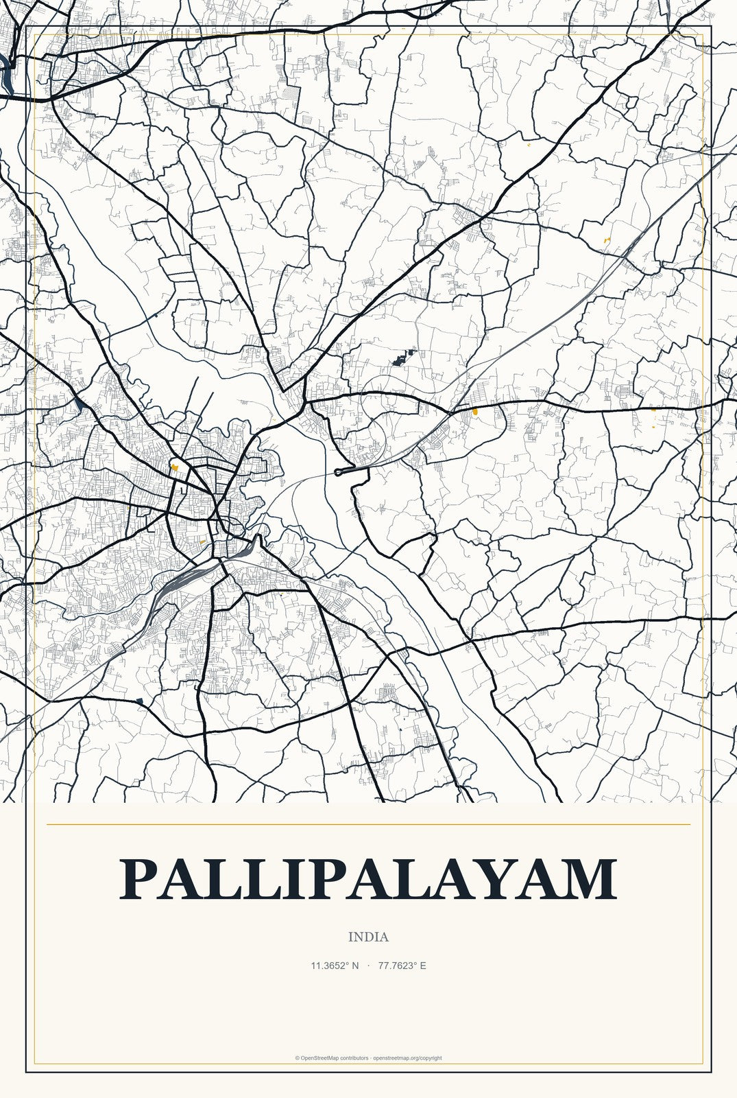 Pallipalayam, India City Map Aluminum Sign in Citrine Modern style