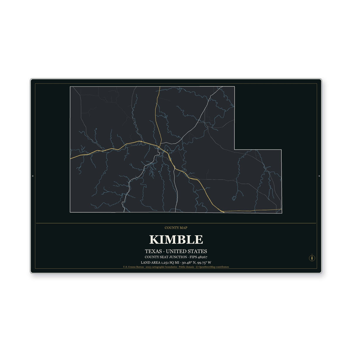 Kimble County, Texas Map Aluminum Sign in Metropolitan Noir style