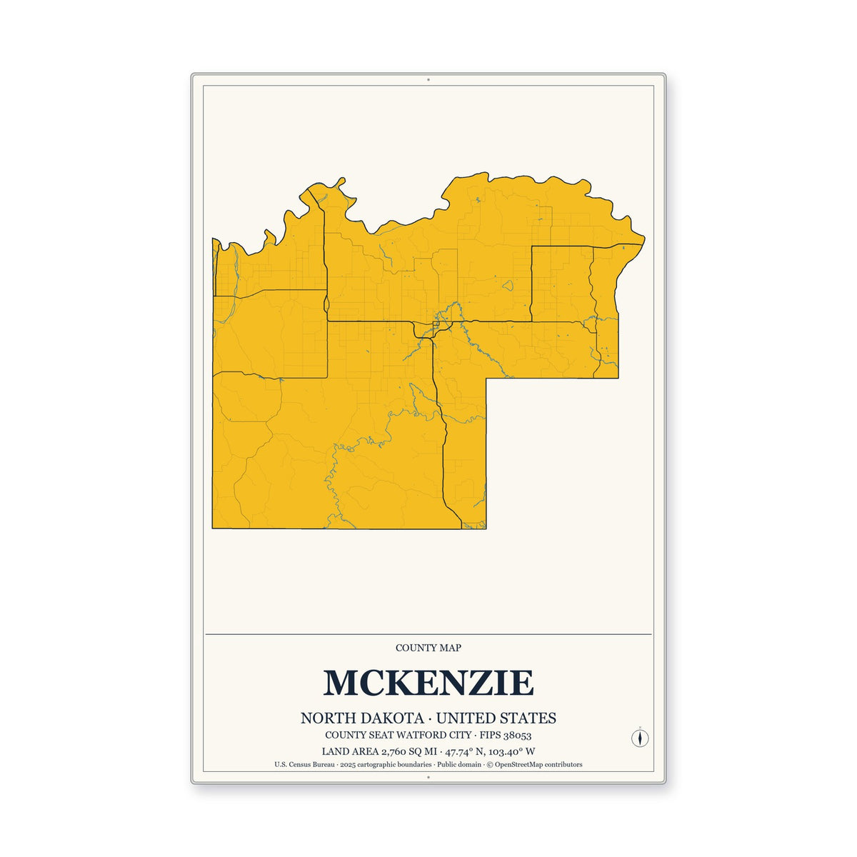 McKenzie County, North Dakota Map Aluminum Sign in Citrine Modern style