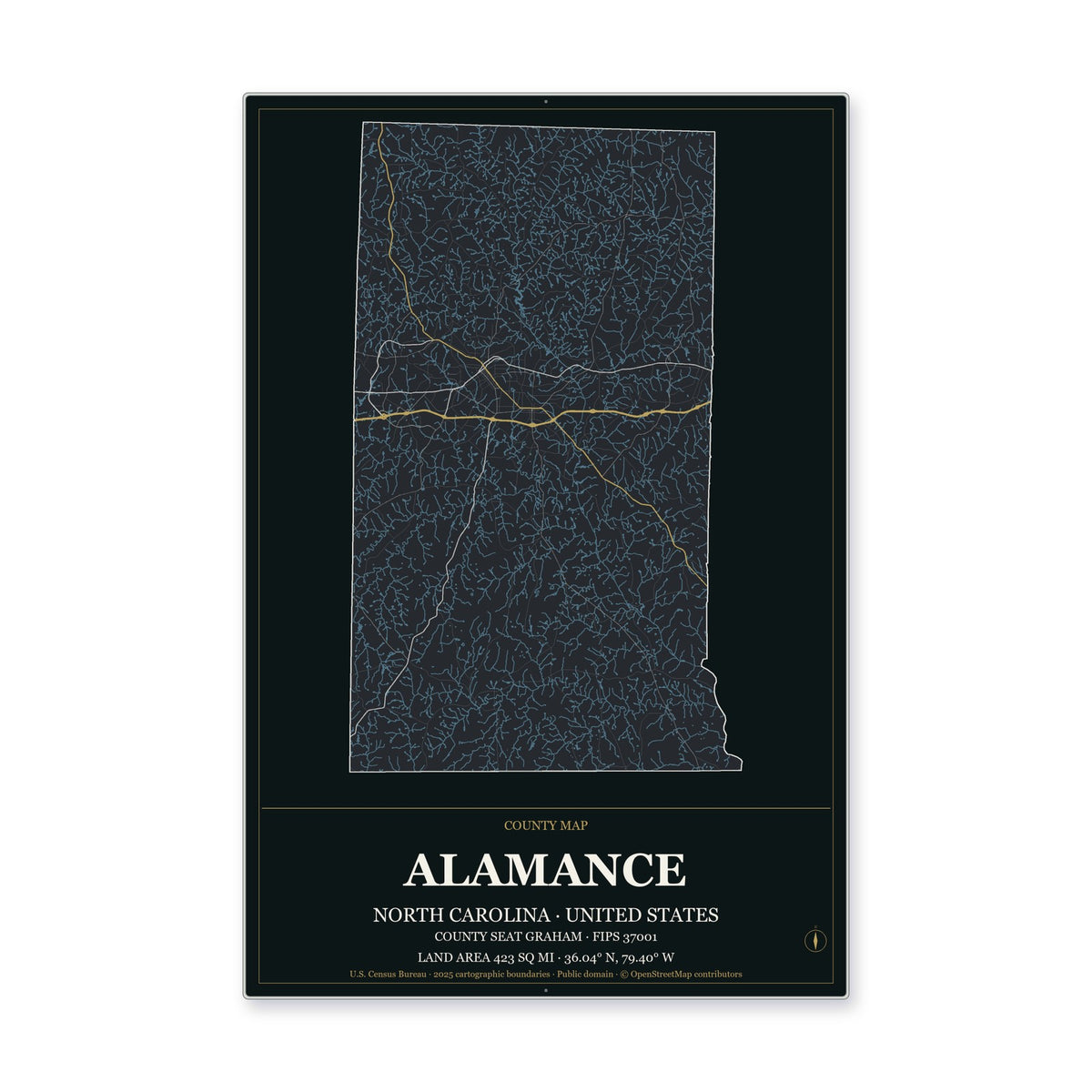 Alamance County, North Carolina Map Aluminum Sign in Metropolitan Noir style