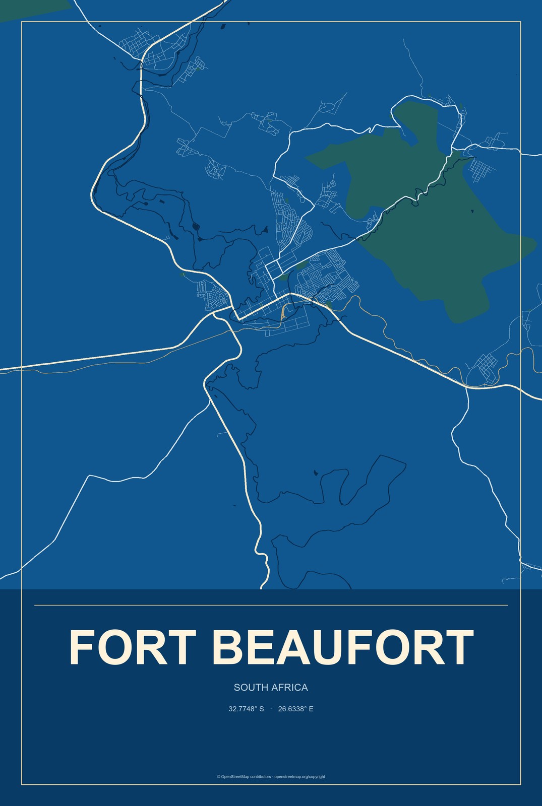 Fort Beaufort, South Africa City Map Aluminum Sign in Harbor Cobalt style