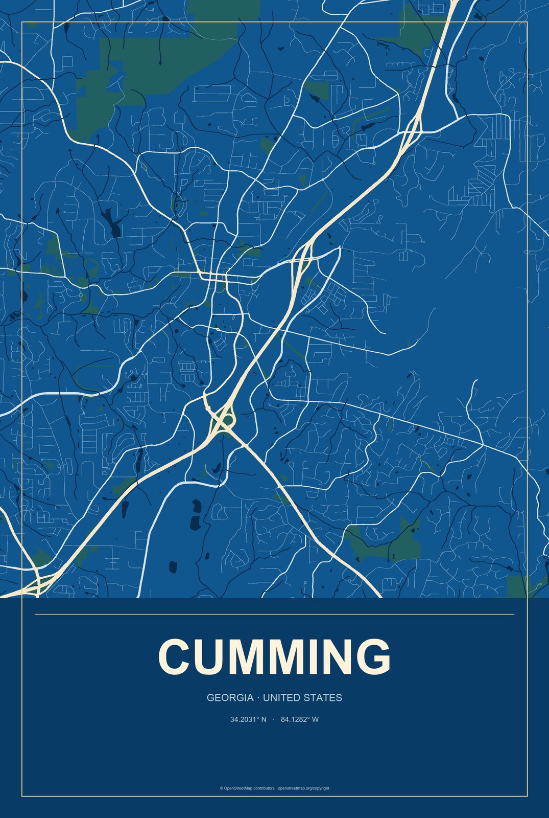 Cumming, Georgia City Map Aluminum Sign in Harbor Cobalt style