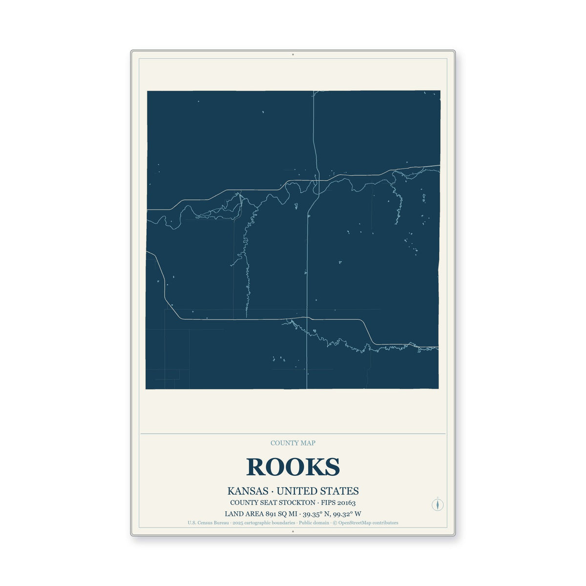 Rooks County, Kansas Map Aluminum Sign in Coastal Cutout style