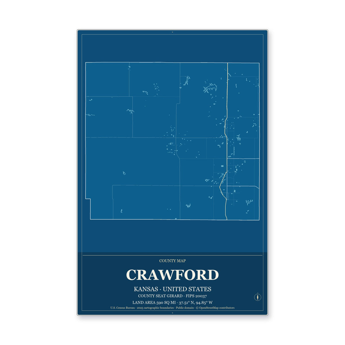 Crawford County, Kansas Map Aluminum Sign in Harbor Cobalt style