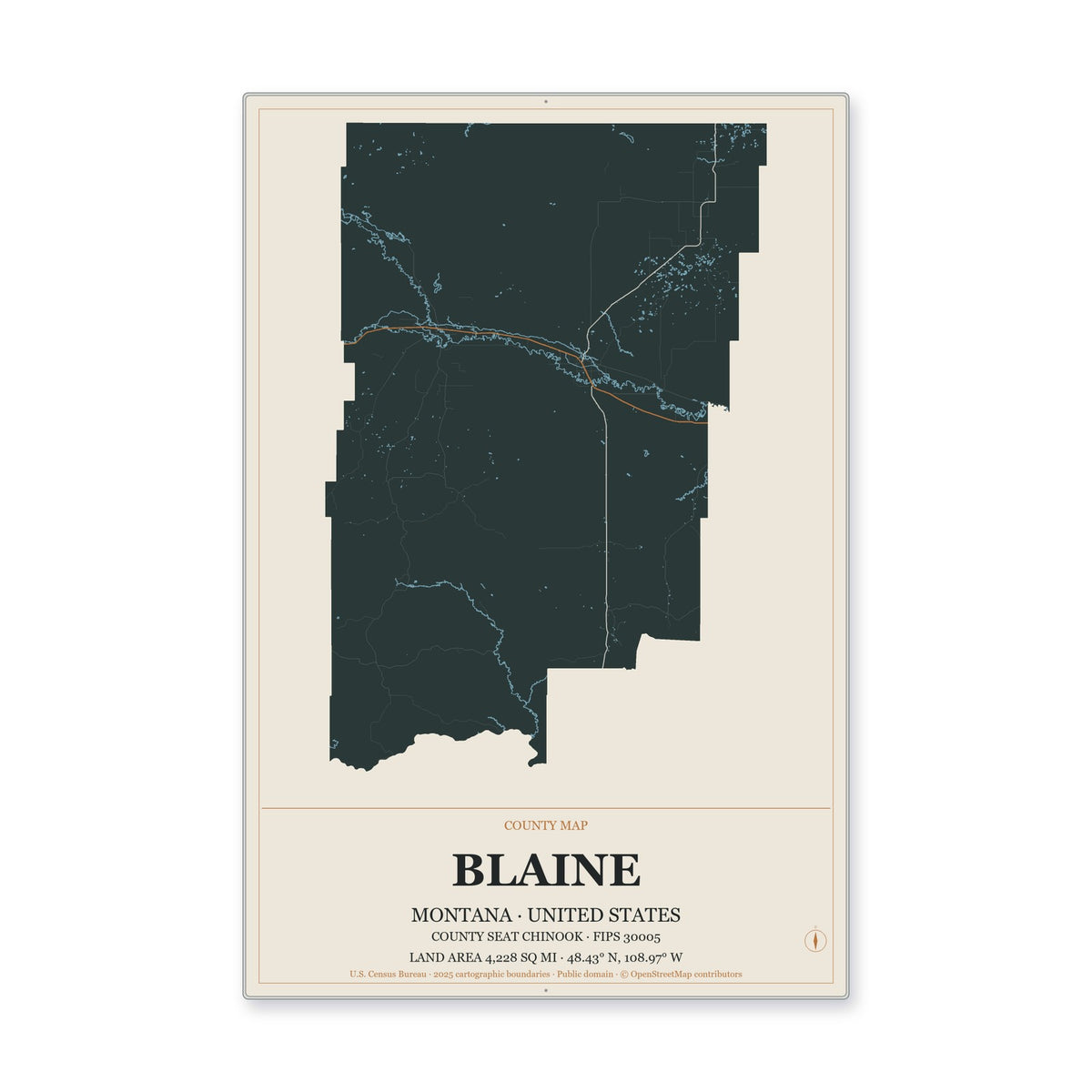Blaine County, Montana Map Aluminum Sign in Headline Atlas style