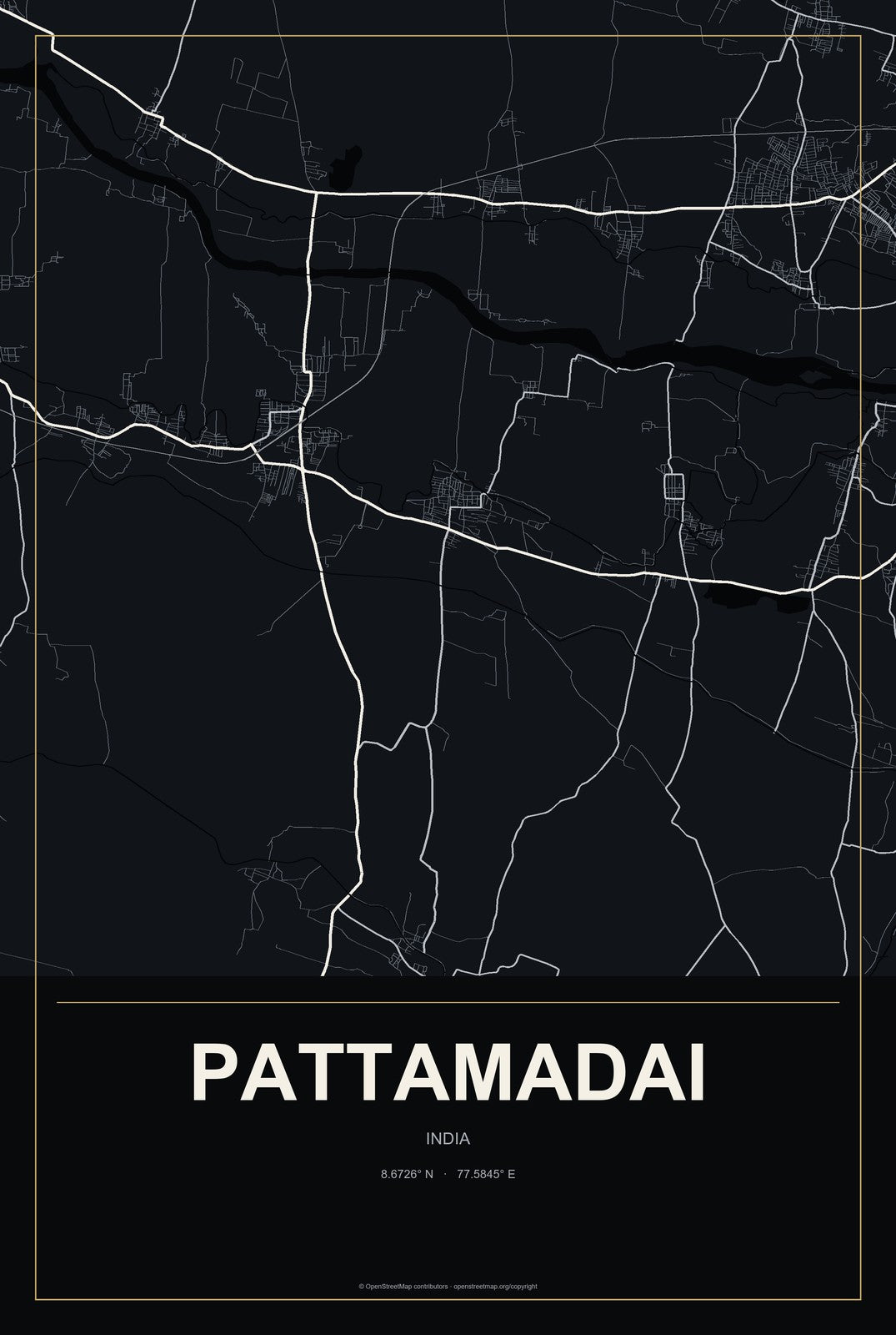 Pattamadai, India City Map Aluminum Sign in Metropolitan Noir style