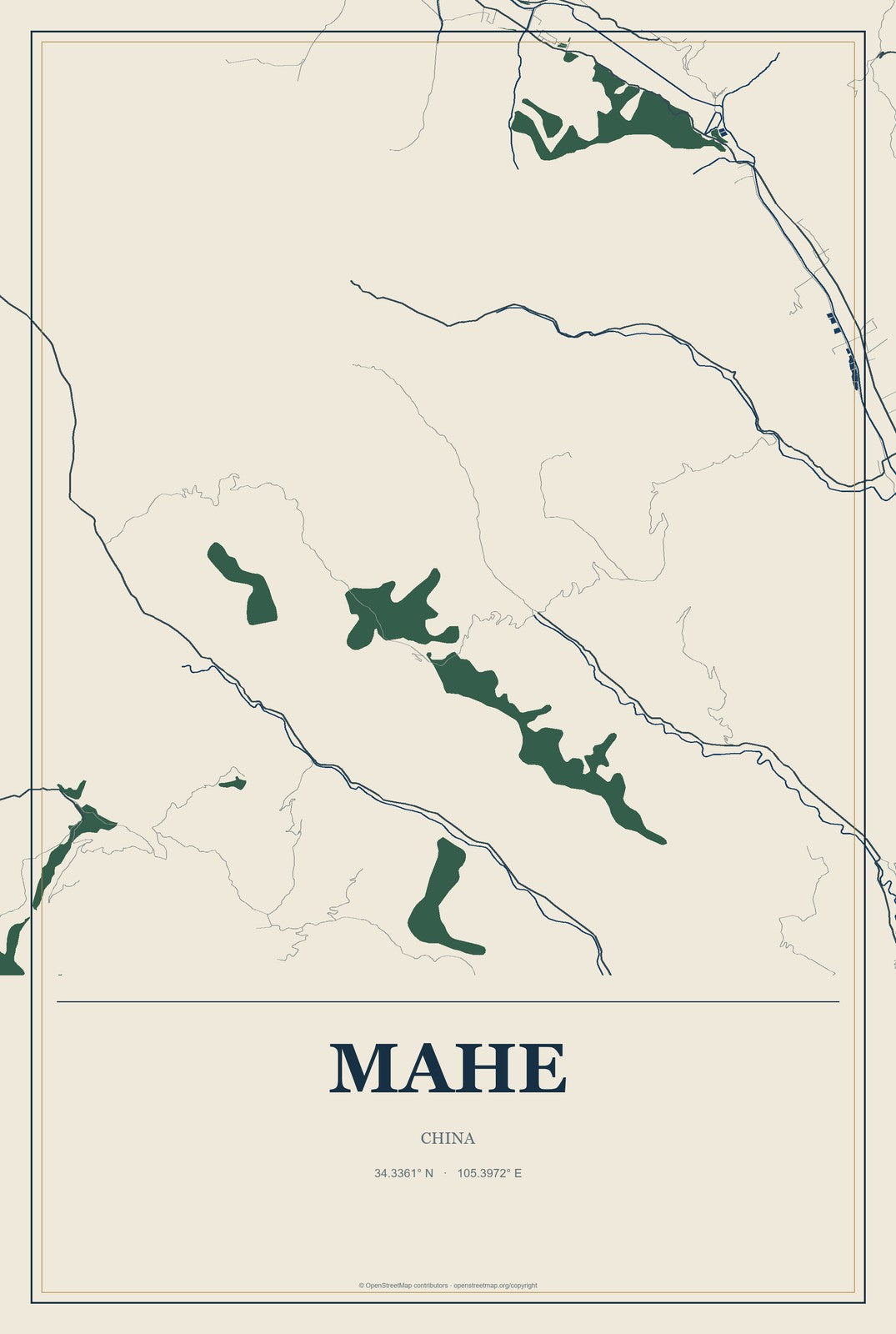 Mahe, China City Map Aluminum Sign in Coastal Cutout style