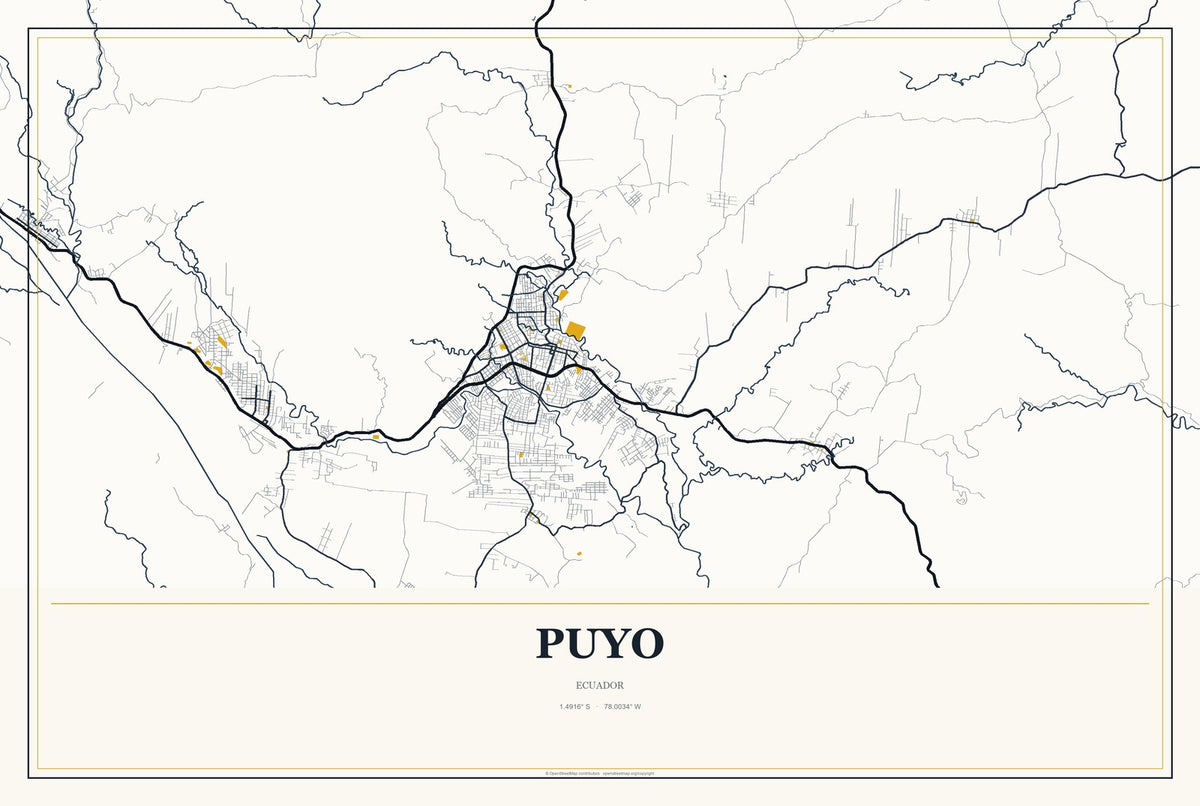 Puyo, Ecuador City Map Aluminum Sign in Citrine Modern style