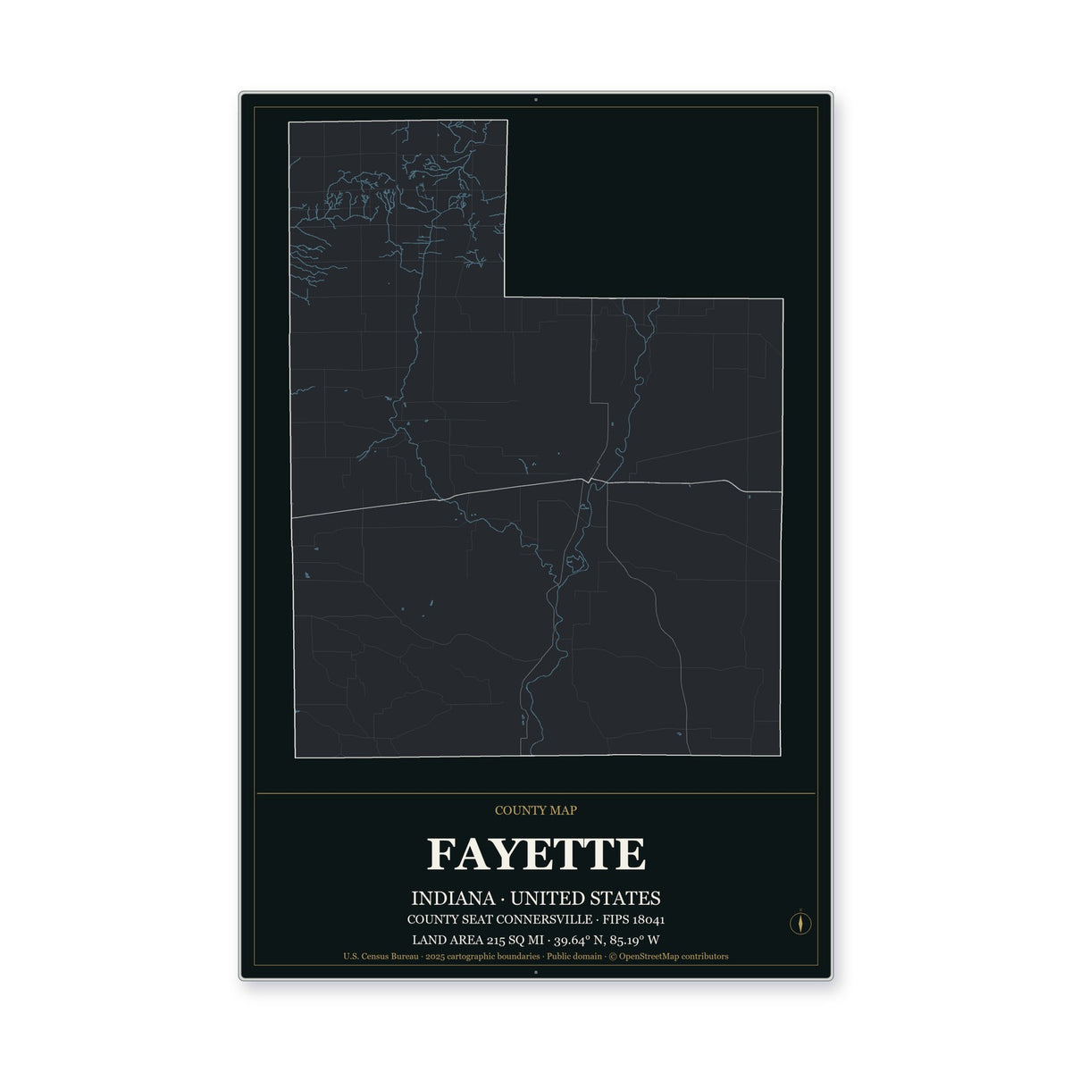Fayette County, Indiana Map Aluminum Sign in Metropolitan Noir style