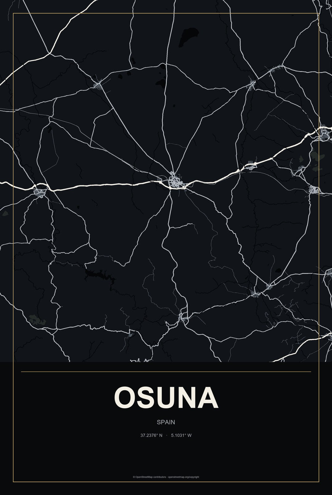 Osuna, Spain City Map Aluminum Sign in Metropolitan Noir style