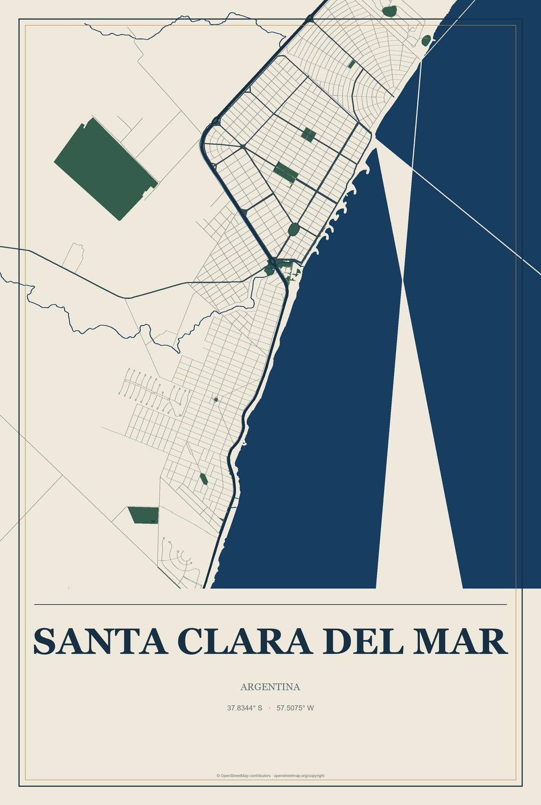 Santa Clara del Mar, Argentina City Map Aluminum Sign in Coastal Cutout style