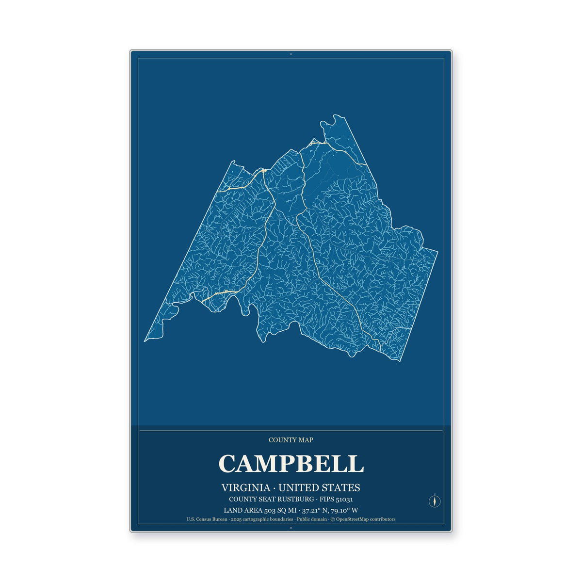Campbell County, Virginia Map Aluminum Sign in Harbor Cobalt style
