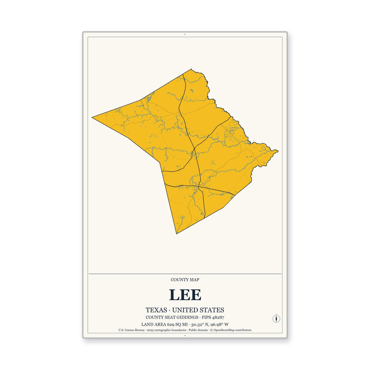 Lee County, Texas Map Aluminum Sign in Citrine Modern style