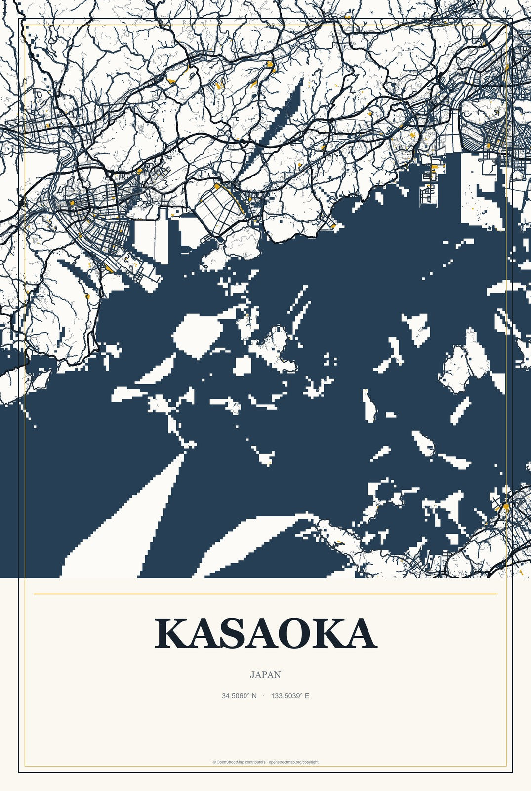 Kasaoka, Japan City Map Aluminum Sign in Citrine Modern style