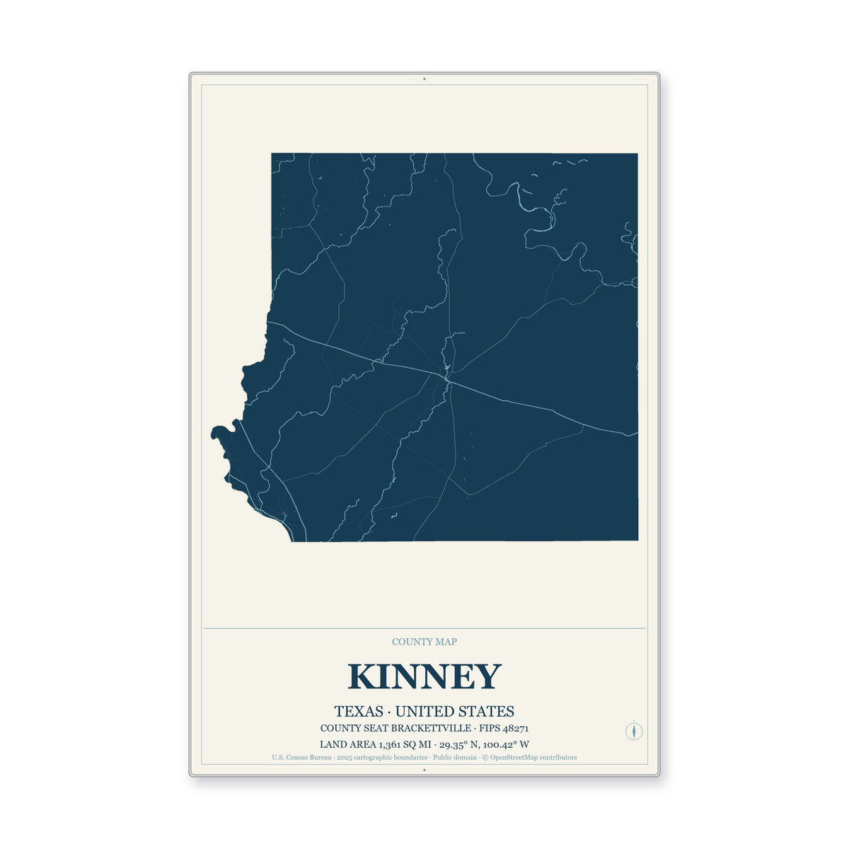 Kinney County, Texas Map Aluminum Sign in Coastal Cutout style