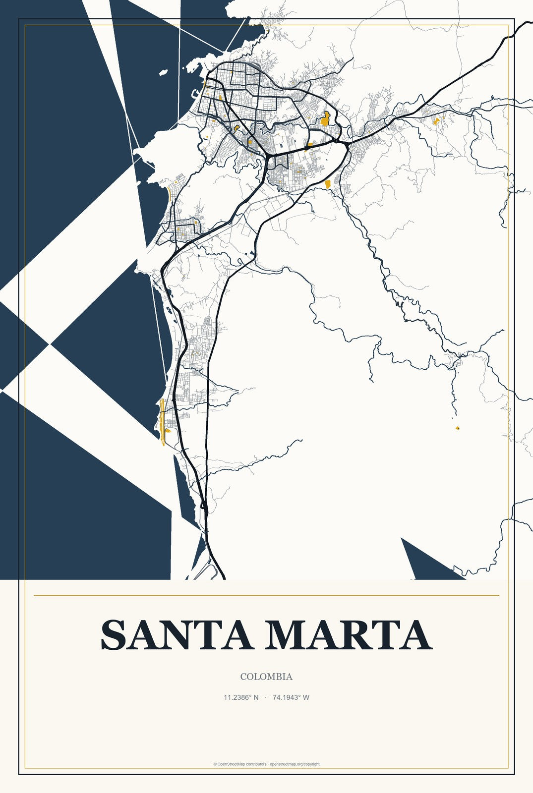 Santa Marta, Colombia City Map Aluminum Sign in Citrine Modern style
