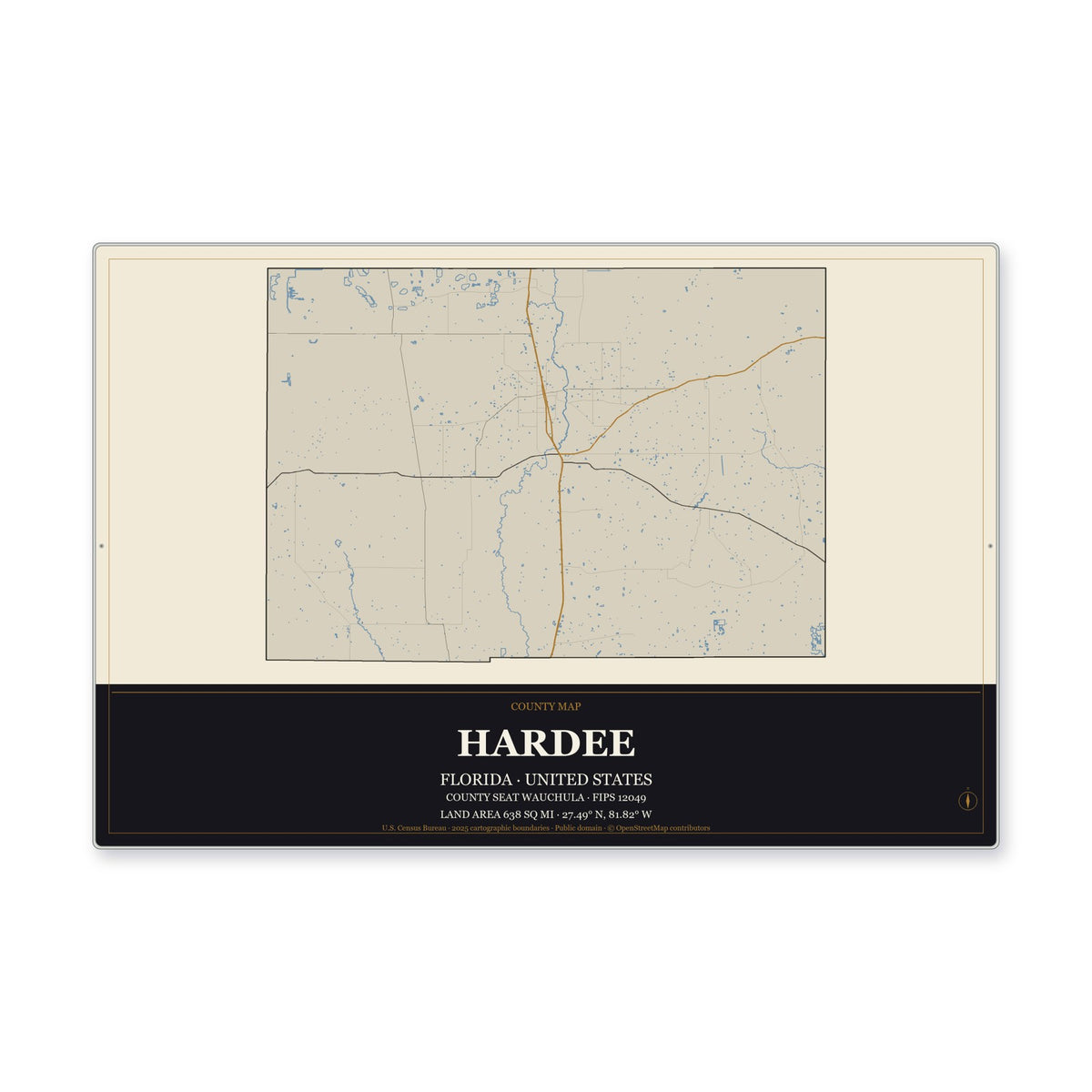 Hardee County, Florida Map Aluminum Sign in Museum Plaque style