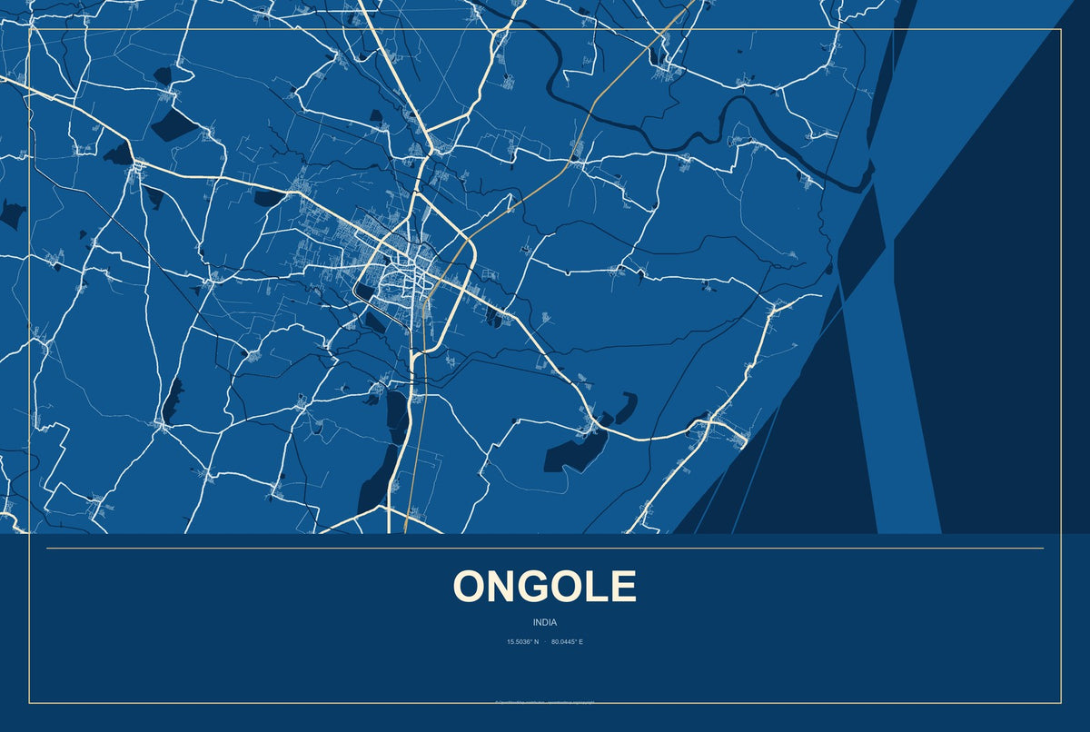Ongole, India City Map Aluminum Sign in Harbor Cobalt style