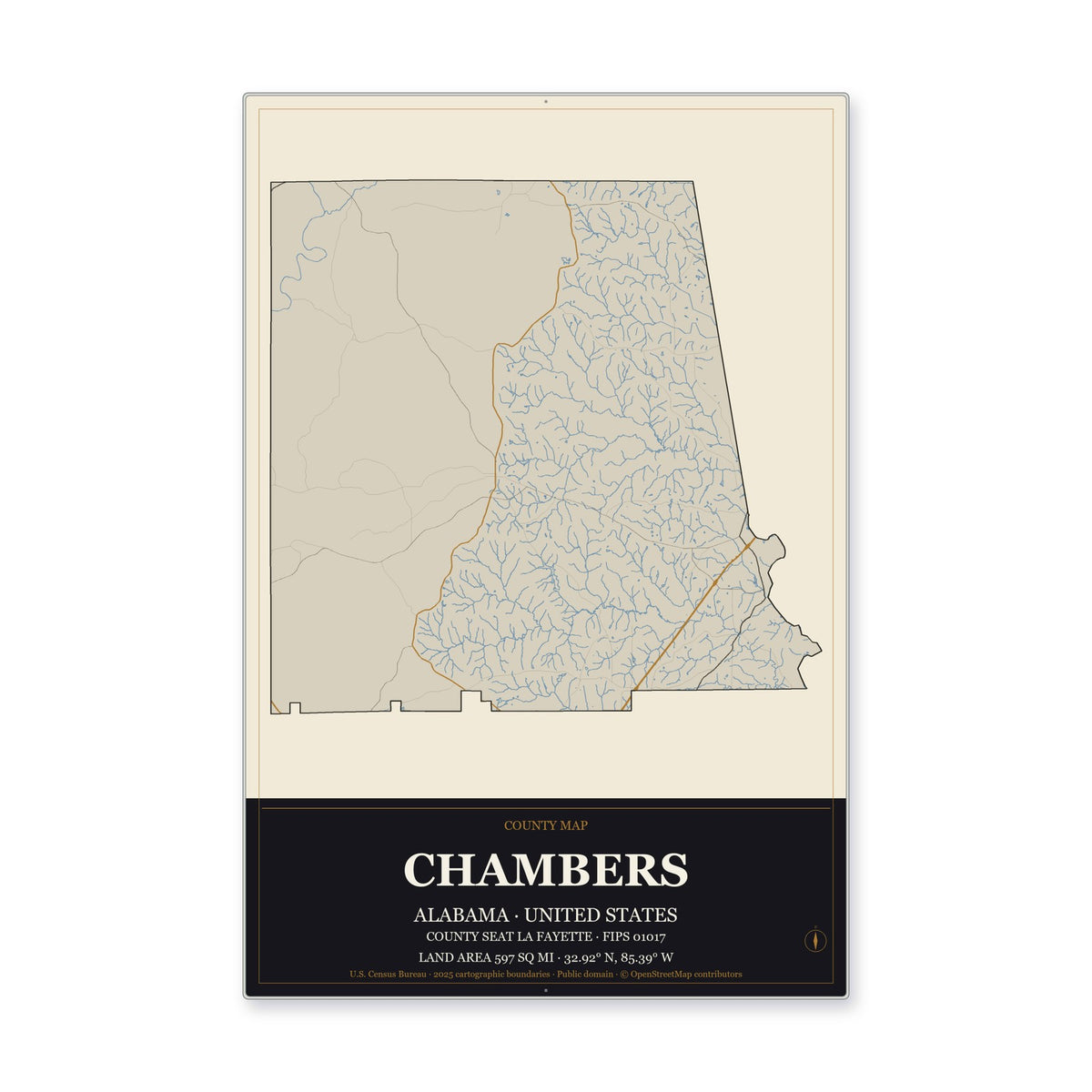Chambers County, Alabama Map Aluminum Sign in Museum Plaque style