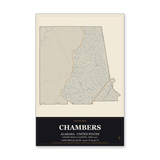 Chambers County, Alabama Map Aluminum Sign in Museum Plaque style