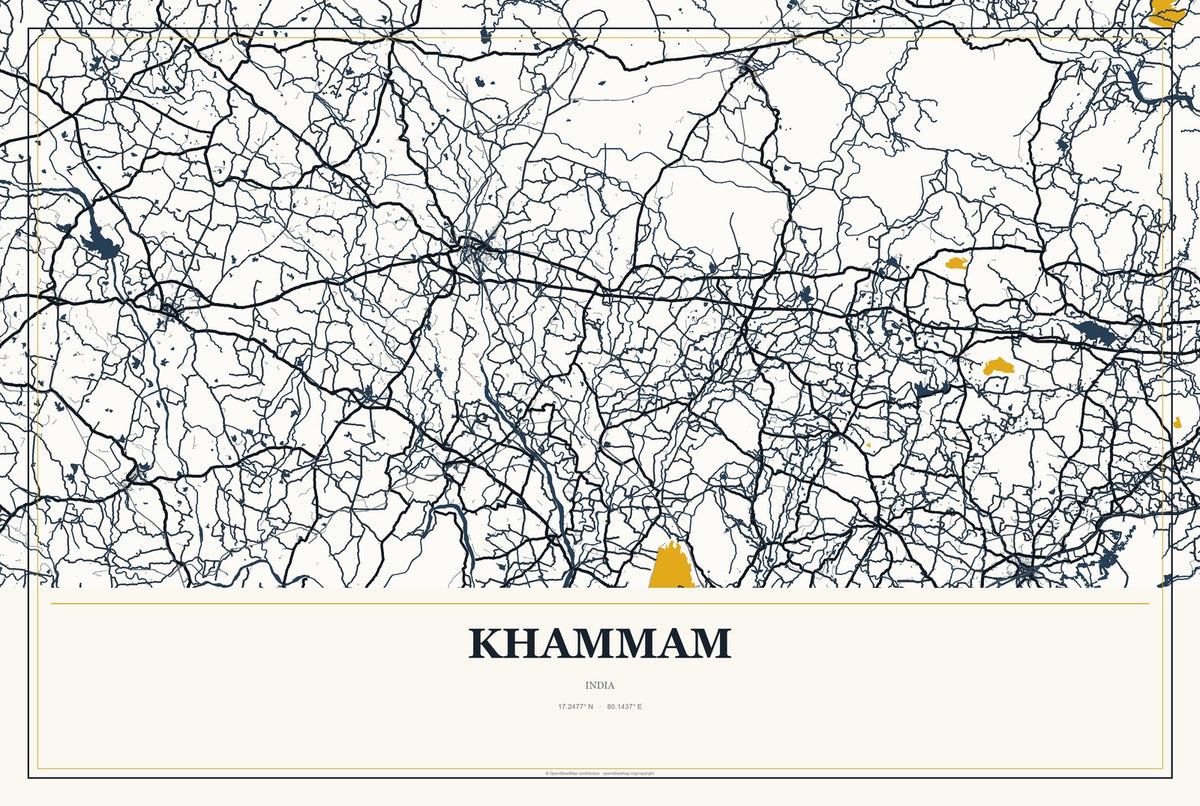 Khammam, India City Map Aluminum Sign in Citrine Modern style