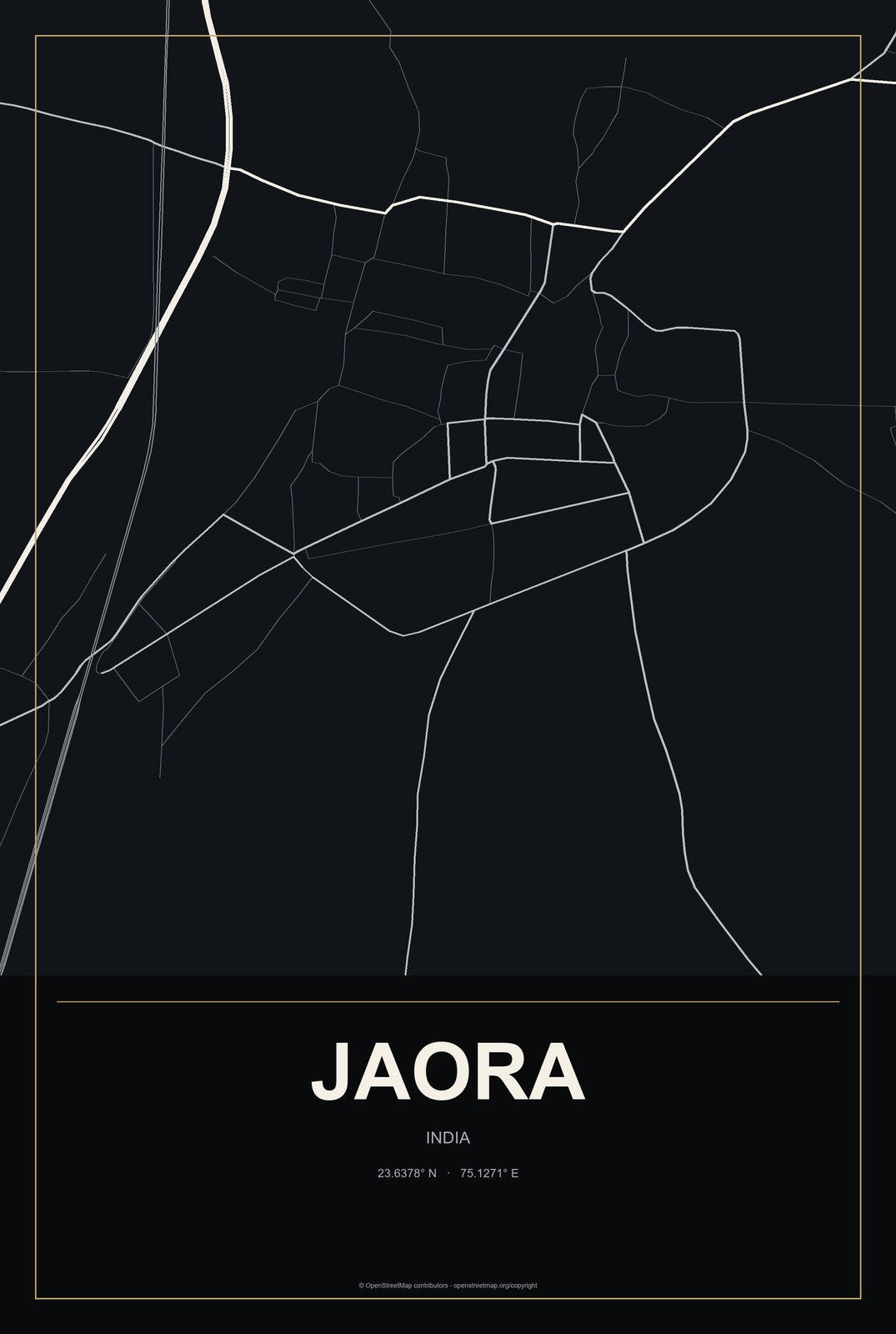 Jaora, India City Map Aluminum Sign in Metropolitan Noir style