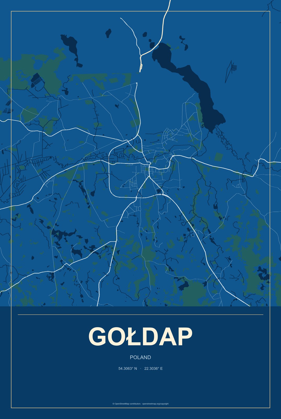 Gołdap, Poland City Map Aluminum Sign in Harbor Cobalt style