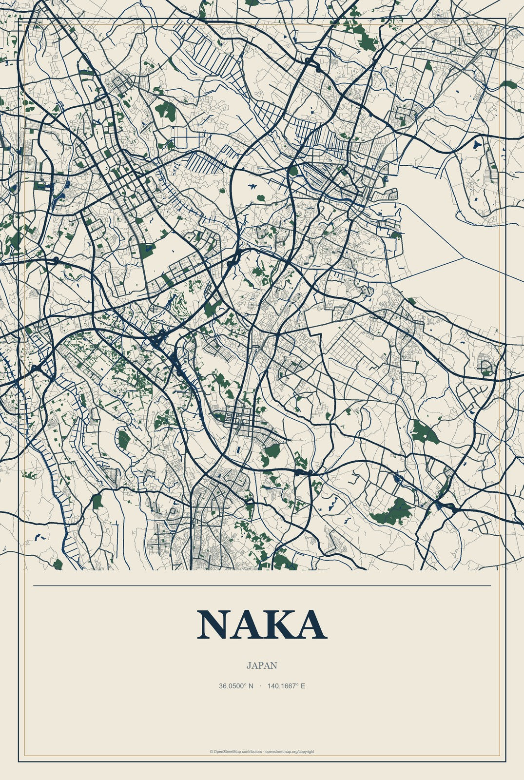Naka, Japan City Map Aluminum Sign in Coastal Cutout style