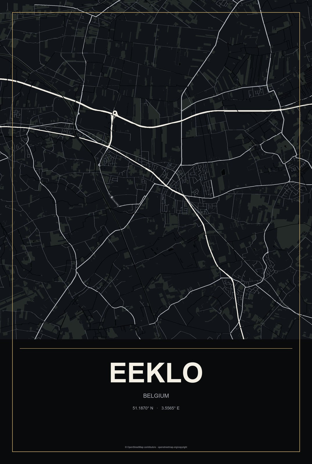 Eeklo, Belgium City Map Aluminum Sign in Metropolitan Noir style