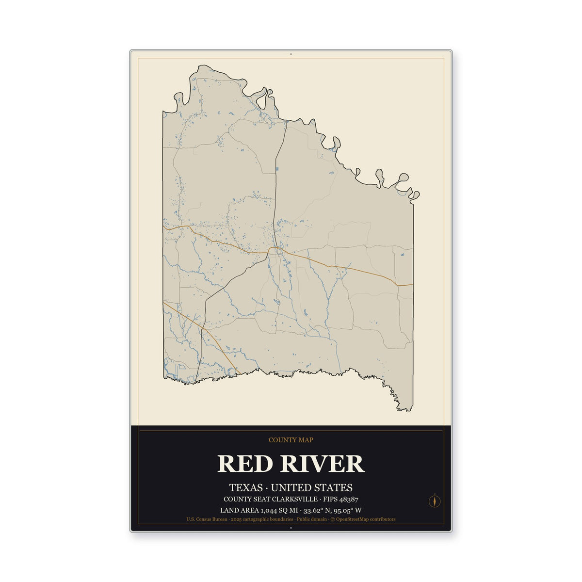 Red River County, Texas Map Aluminum Sign in Museum Plaque style