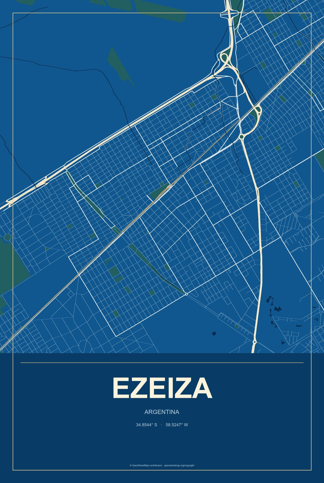 Ezeiza, Argentina City Map Aluminum Sign in Harbor Cobalt style