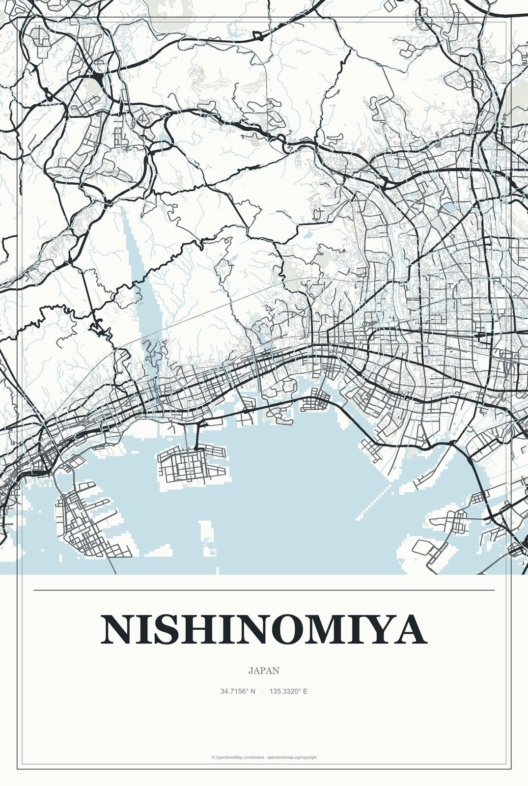 Nishinomiya, Japan City Map Aluminum Sign in Gallery Air style