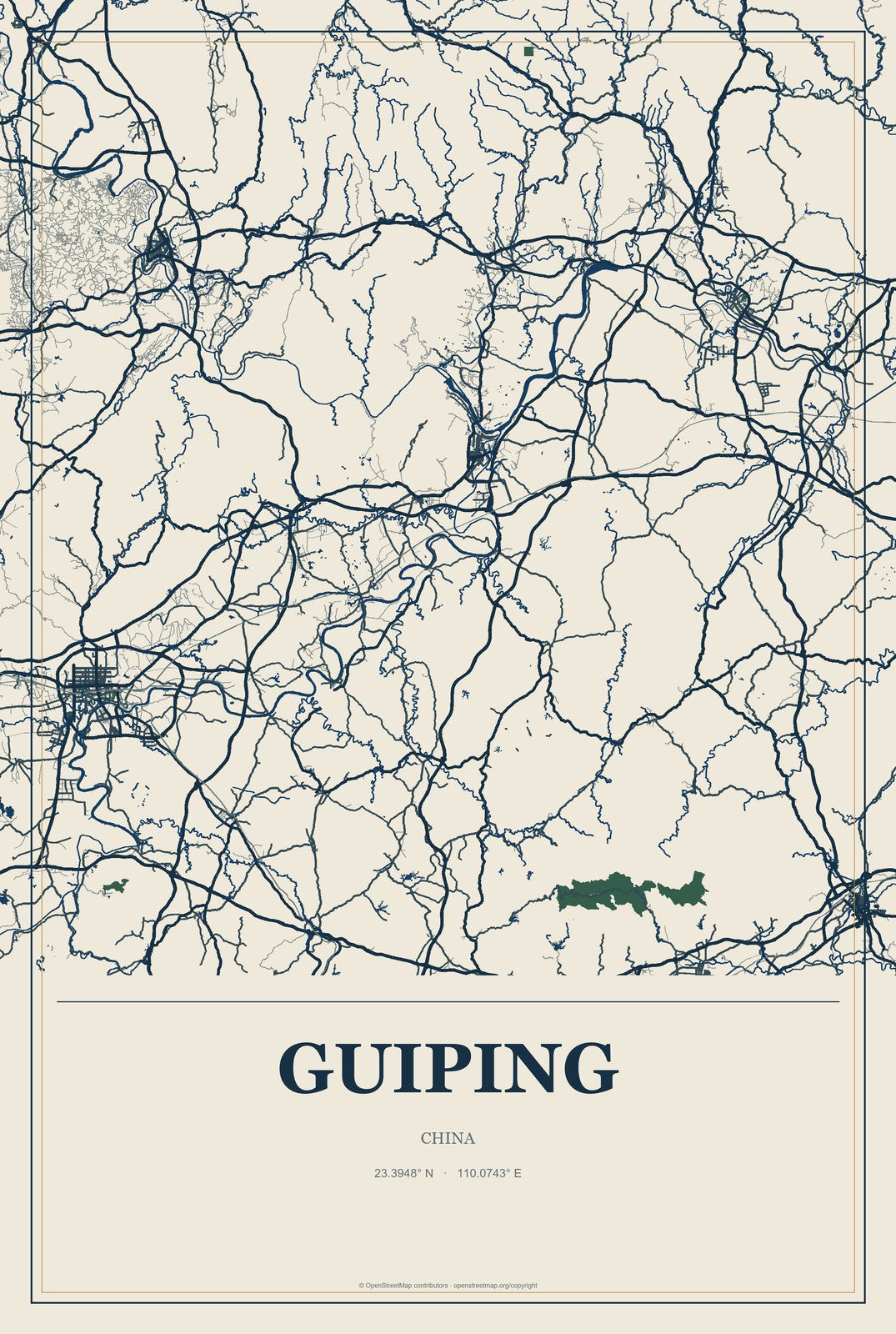 Guiping, China City Map Aluminum Sign in Coastal Cutout style