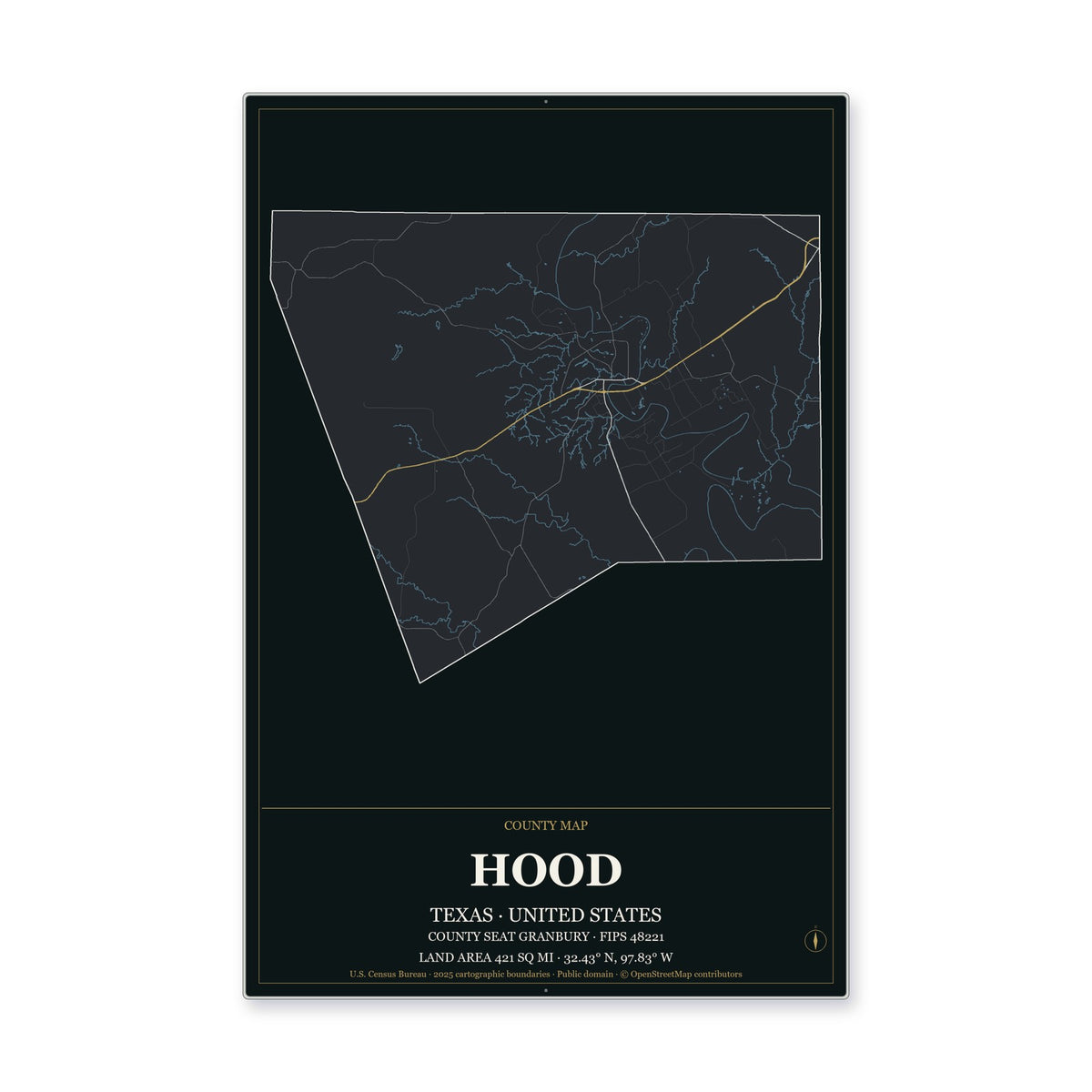 Hood County, Texas Map Aluminum Sign in Metropolitan Noir style
