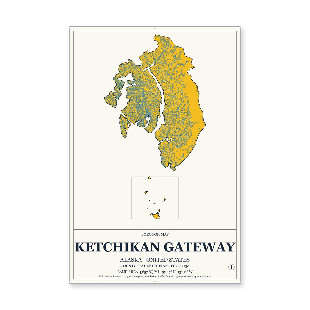 Ketchikan Gateway Borough, Alaska Map Aluminum Sign in Citrine Modern style