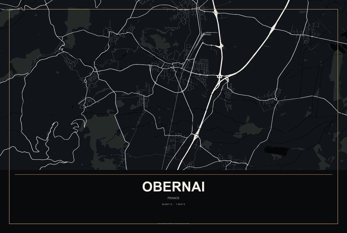 Obernai, France City Map Aluminum Sign in Metropolitan Noir style